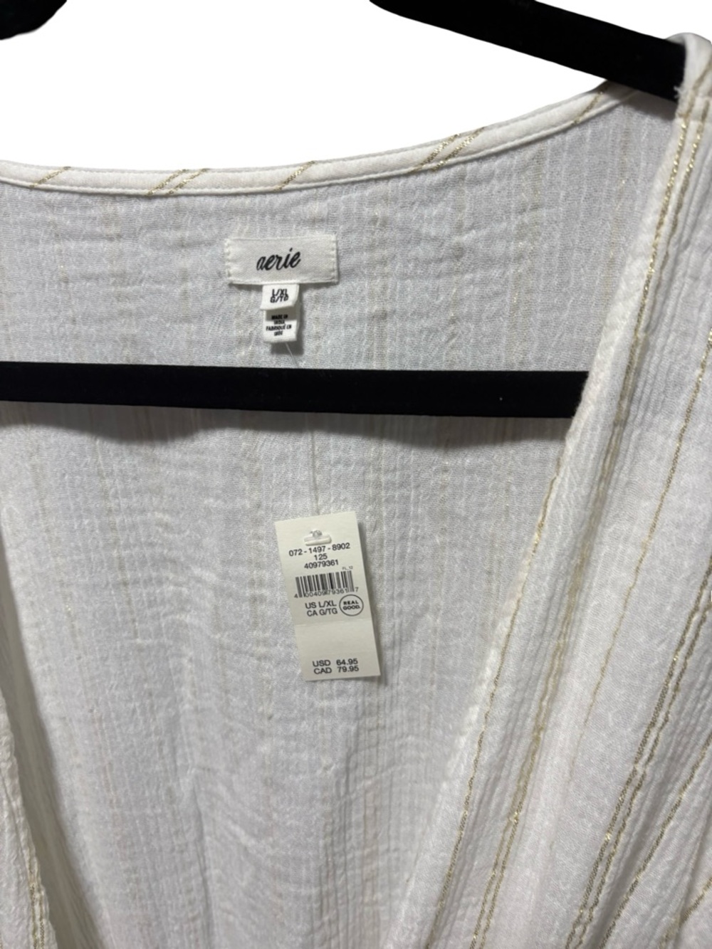 NWT Aerie Gold Lurex Stripe Gauze Maxi Swim Cover Up Kimono White L/XL - Picture 4 of 4
